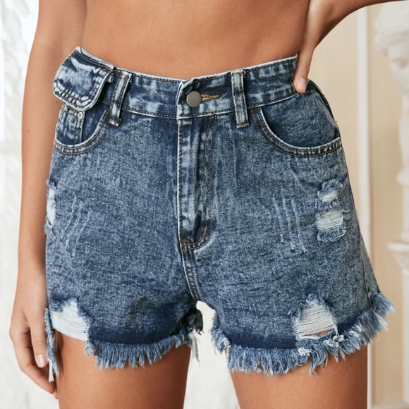 distressed frayed hem med wash denim shorts boho - Picture 2 of 10